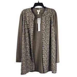 Chicos Animal Print Open Cardigan Jacket L Mid Length Microsuede/Mesh Relaxed